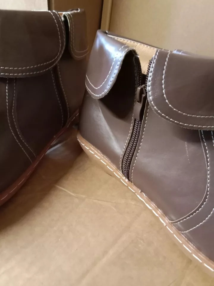 Brown Leather Zip Flat Boots
